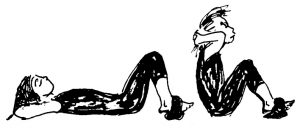 Sit ups with weighted feet, drawing by Bonnie Prudden