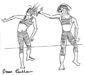 Two women exercising, drawing by Bonnie Prudden