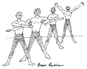 Men working out in group, drawing by Bonnie Prudden