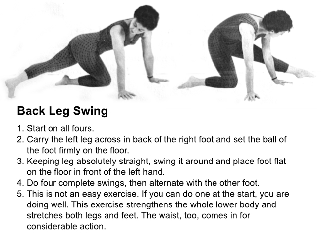 Bonnie Prudden Back Leg Swing Exercise